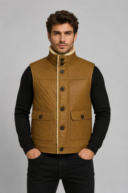 Shearling Vest Men Brown Sheepskin Leather Real Fur Gilet - Rugged Style front view by avanzar leather