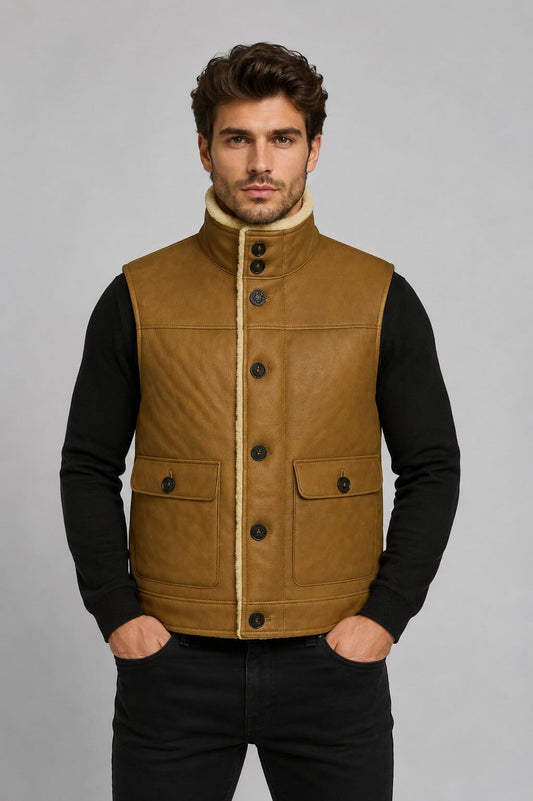 Shearling Vest Men Brown Sheepskin Leather Real Fur Gilet - Rugged Style front view by avanzar leather
