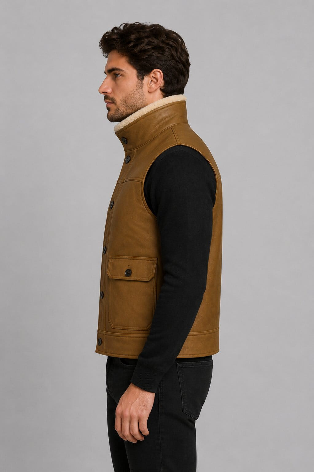 Shearling Vest Men Brown Sheepskin Leather Real Fur Gilet - Rugged Style sid view by avanzar leather