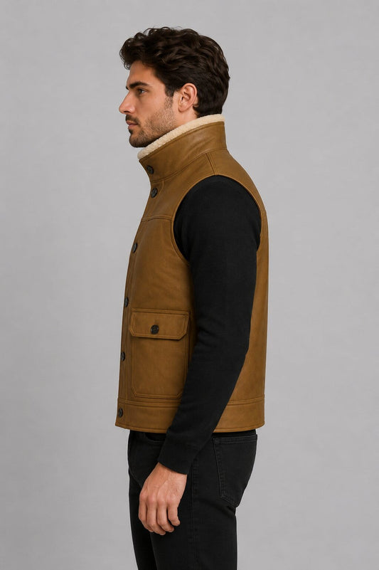 Shearling Vest Men Brown Sheepskin Leather Real Fur Gilet - Rugged Style sid view by avanzar leather