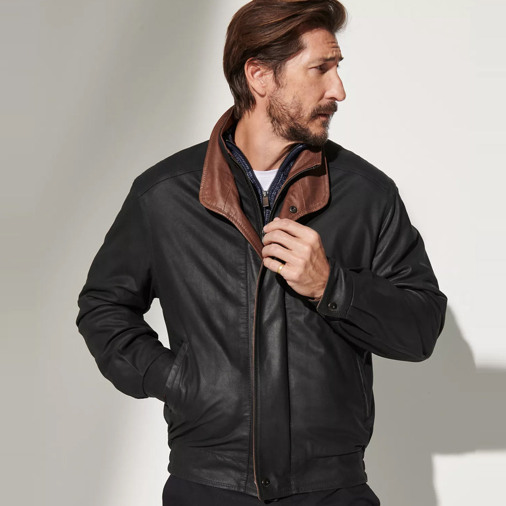 Men’s Black Sheepskin Leather Bomber Jacket with Brown Lining