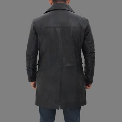 Shelby Men’s Four Pocket Black Leather Trench Coat