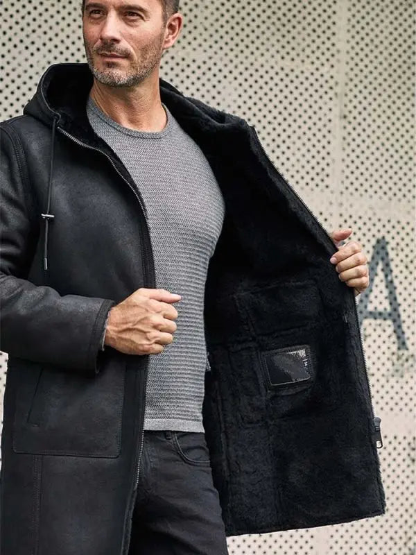 Men's Black B7 Bomber Shearling Leather Coat