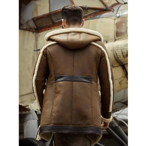 Men's Brown Shearling Leather Coat with Hood