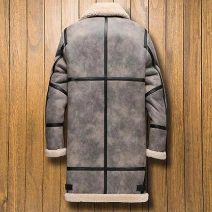 Men's Gray Shearling Leather Coat with Removable Hood