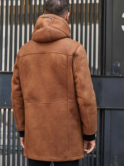 Men's Brown Leather Shearling Coat with Hood