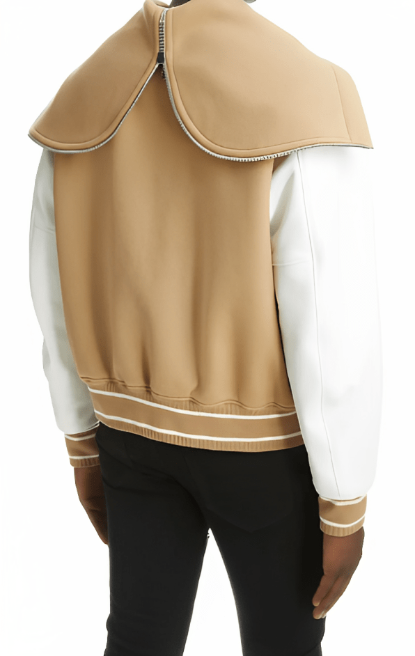 Men's Beige Varsity Bomber Leather Jacket with White Sleeves