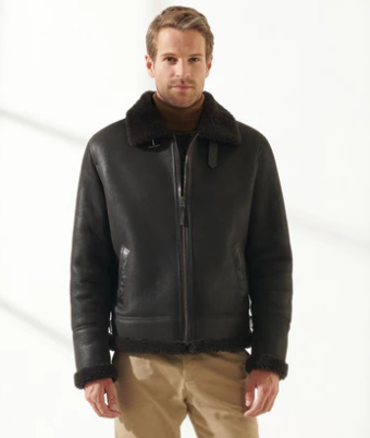 Men's Sheepskin Aviator Fur Leather Jacket in Black