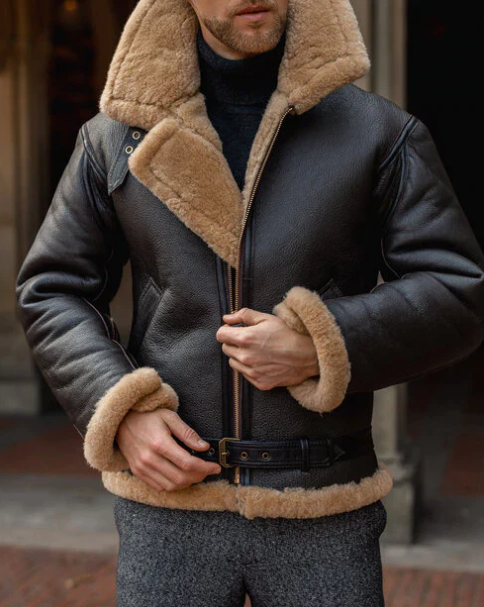 Men's Black Sheepskin Leather Aviator Jacket with Fur