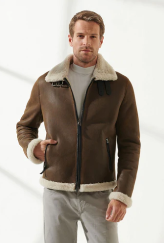 Men's Dark Brown Sheepskin Leather Aviator Jacket with Fur