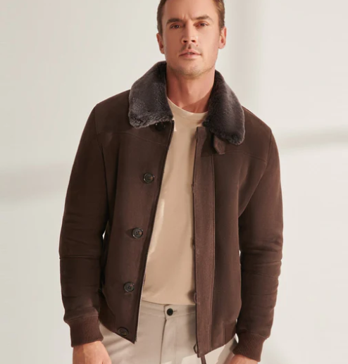 Men's Sheepskin Aviator Bomber Leather Jacket in Dark Brown