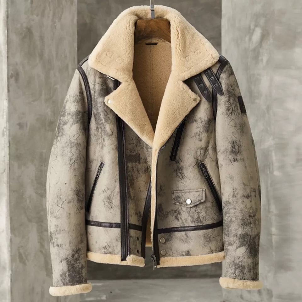 Men's Distressed Biker Shearling Leather Jacket