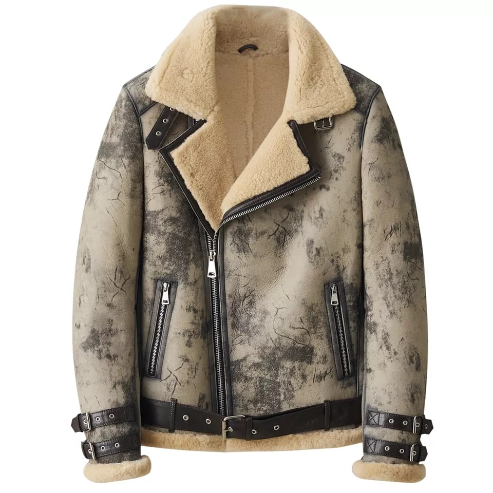 Men's Distressed Shearling Biker Leather Jacket