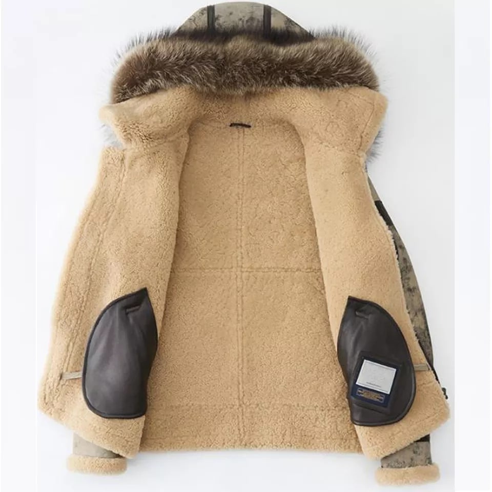 Men's Distressed Shearling Leather Jacket with Fur Hood