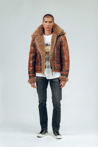 Men's Brown Distressed Sheepskin Leather Shearling Jacket