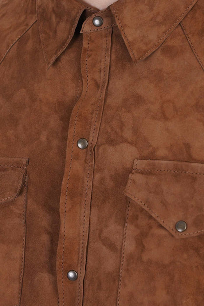  Men's Tan Brown Full Sleeve Suede Leather Shirt