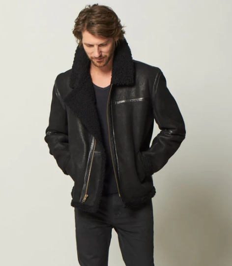 Men's Black Sheepskin Leather Aviator Jacket with Fur