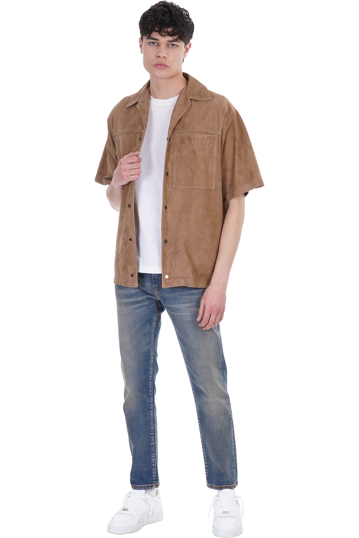 Men's Tan Brown Half Sleeve Suede Leather Shirt