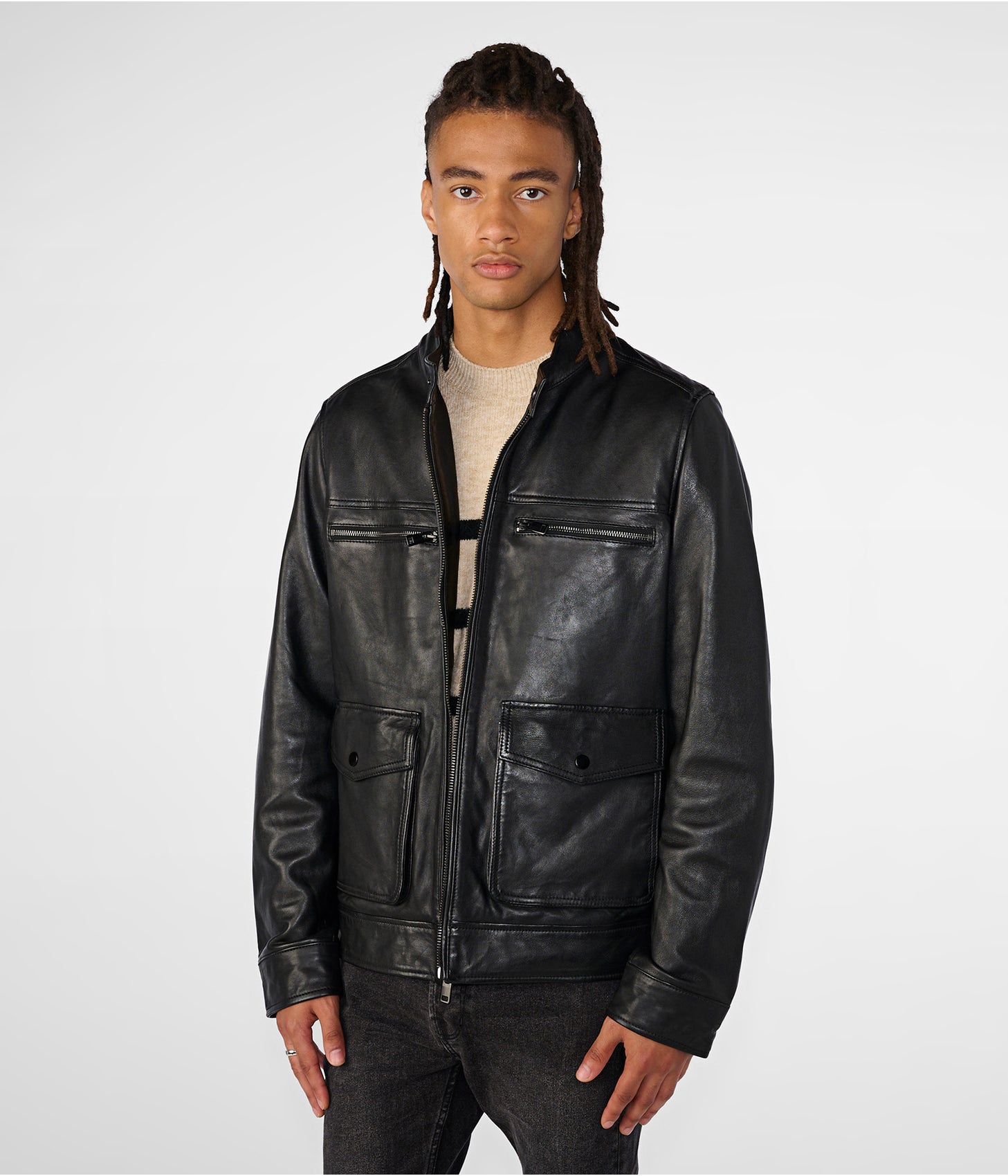 Men's Black Leather Harrington Moto Jacket