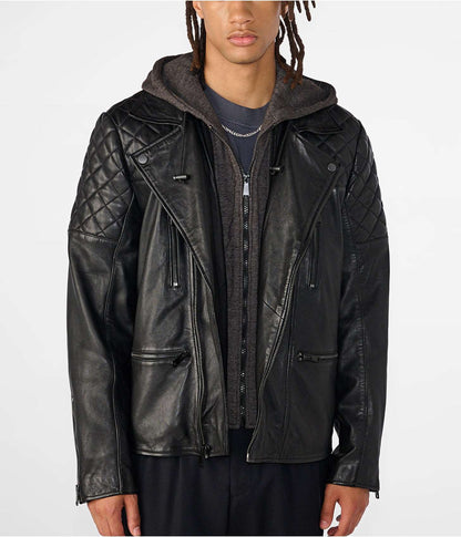 Men's Black Leather Moto Jacket with Removable Hood