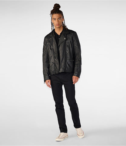 Men's Leather Shearling Biker Jacket In Black