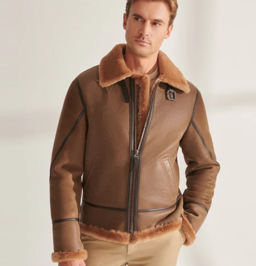 Men's Shearling Aviator Leather Jacket in Camel Brown