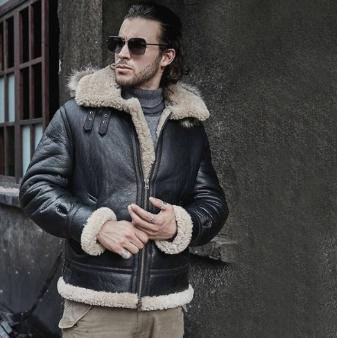 Men's Shearling Aviator Parka Leather Jacket in Black