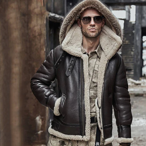 Men's Shearling Aviator Parka Leather Jacket in Dark Brown