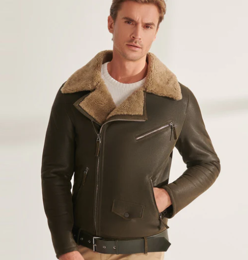 Men's Shearling Fur Biker Leather Jacket in Khaki