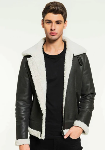 Men's Shearling Fur Leather Jacket in Black