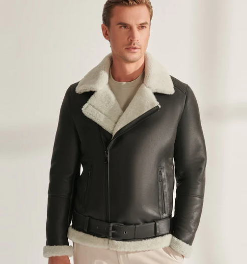 Men's Shearling Aviator Biker Leather Jacket in Black