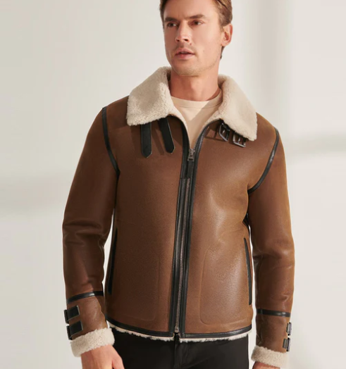 Men's Sheepskin Aviator Fur Leather Jacket in Brown