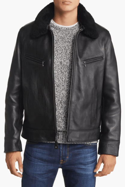 Men's Black Sheepskin Leather Jacket with Removable Shearling Collar