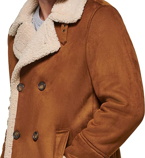 Men's Tan Brown Suede Leather Shearling Coat