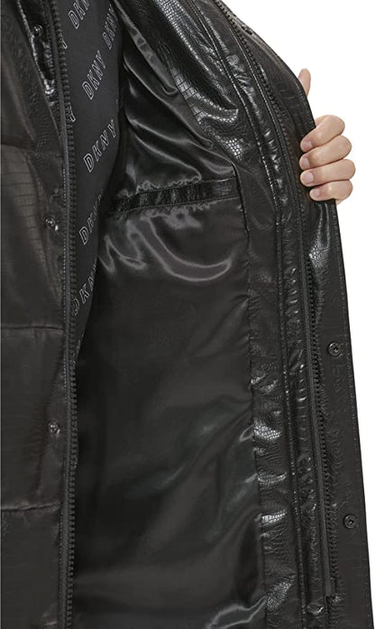 Men's Black Snakeskin Texture Trench Puffer Leather Coat