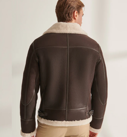 Men's White Sheepskin Leather Jacket in Dark Brown