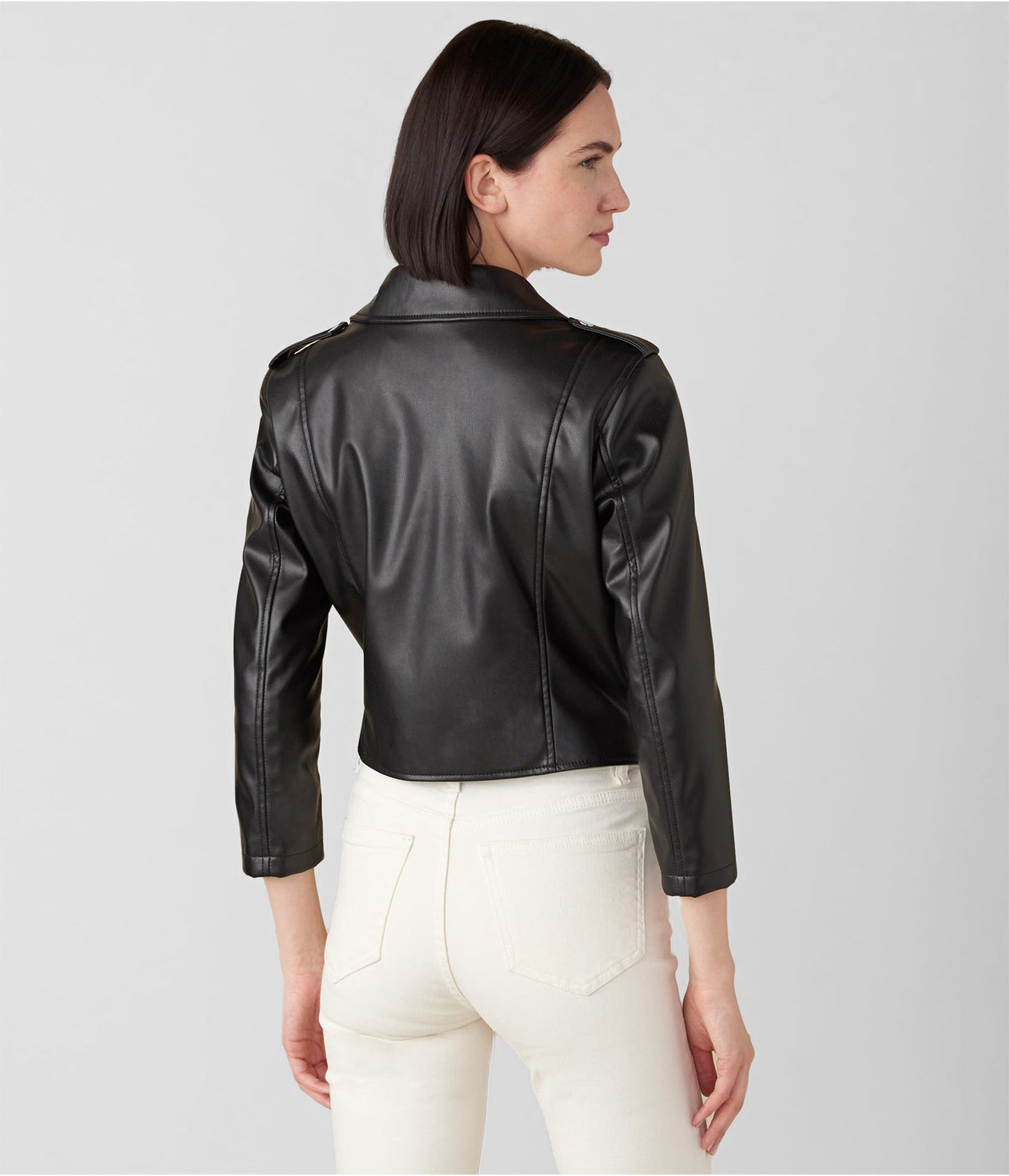 Women's Black Biker Leather Jacket with 3/4 Sleeves