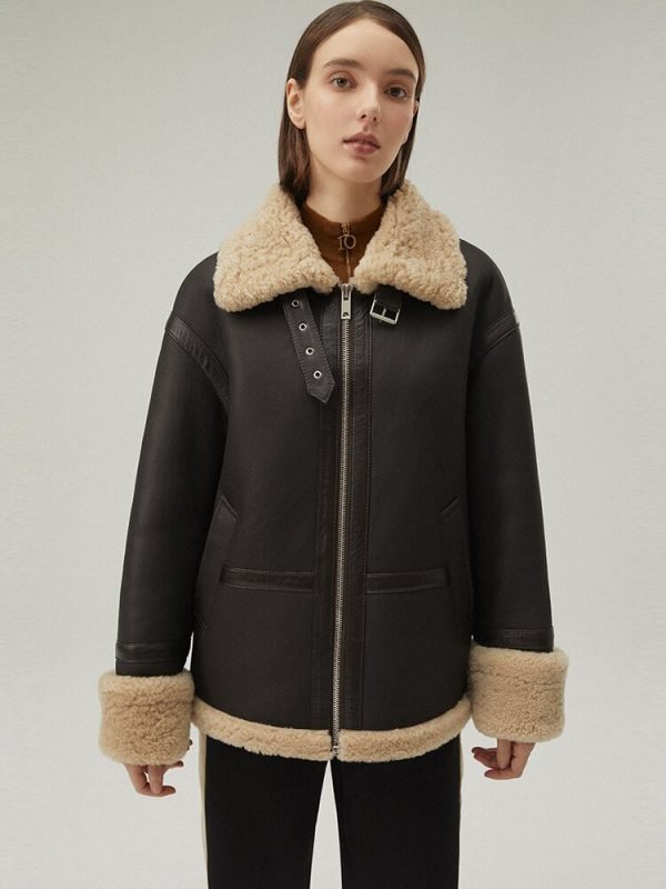 Women's Brown Shearling Leather Jacket in Matte Black - Stylish and Cozy