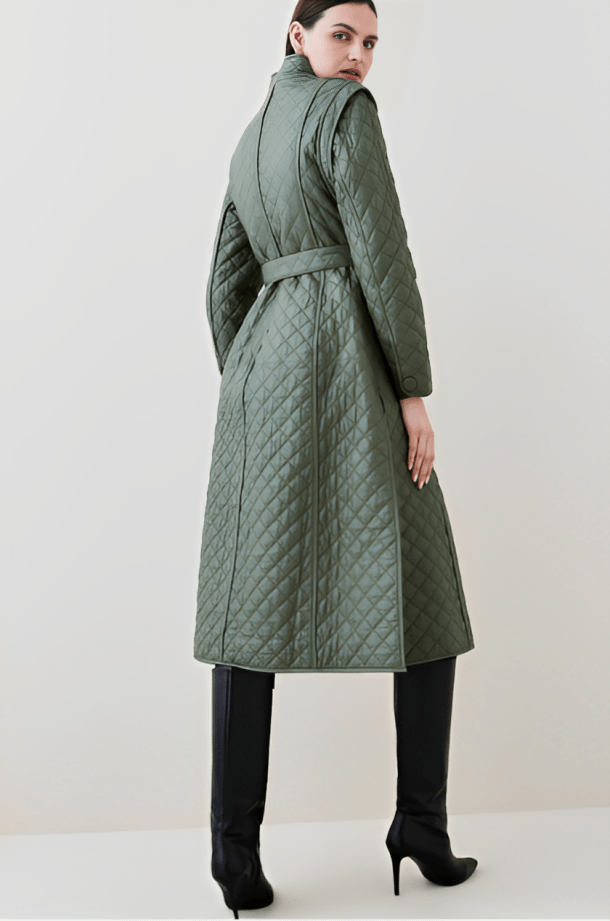 Women's Olive Quilted Leather Trench Coat