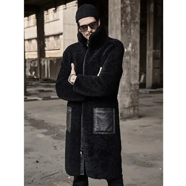 Men's Double Sided Shearling Leather Coat In Black