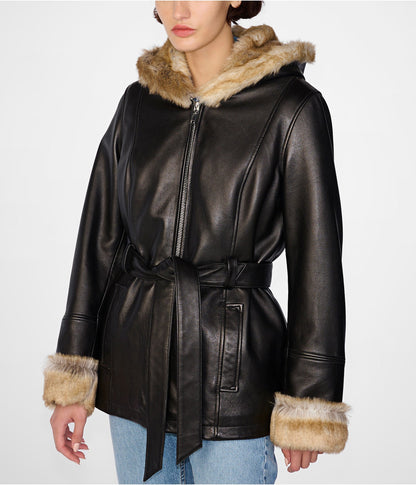 Women's Classic Black Shearling Leather Jacket - Timeless Elegance and Warmth