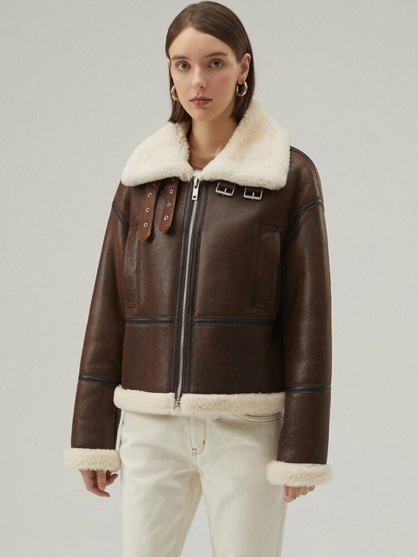 Women's Dark Brown Shearling Leather Jacket - Luxurious and Warm