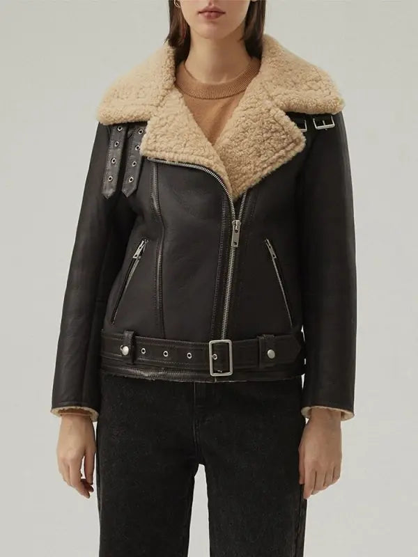 Women's Matte Black Leather Shearling Jacket