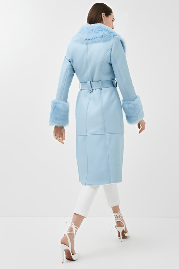 Women's Sky Blue Shearling Leather Trench Coat with Elegant Design