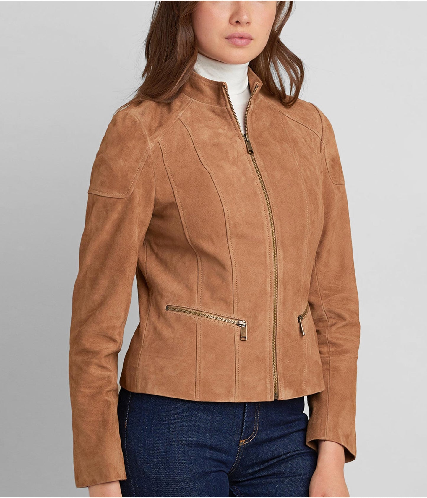 Women's Tan Brown Suede Leather Biker Jacket