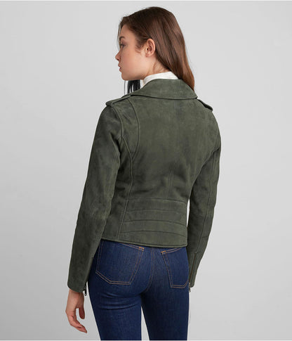 Women's Olive Suede Leather Moto Jacket