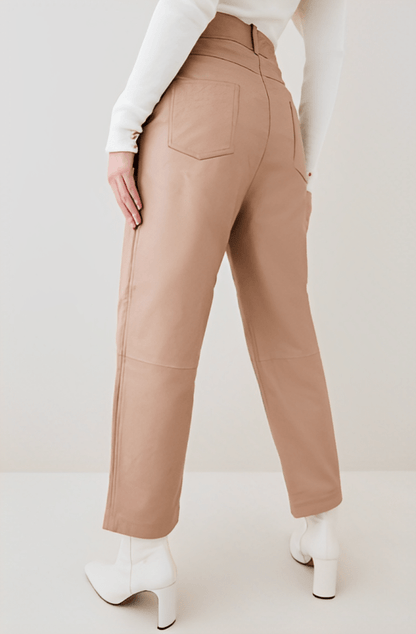 Women's Beige Leather Pants with Modern Fit