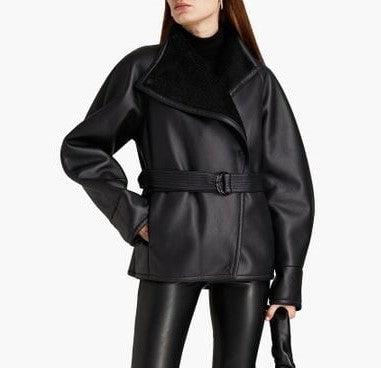 Women's Black Shearling Leather Jacket with Belted Waist - Elegant and Tailored