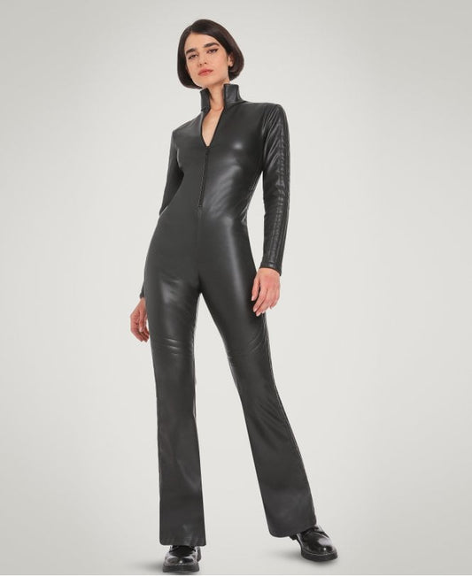 Classic Black Women's Leather Jumpsuit