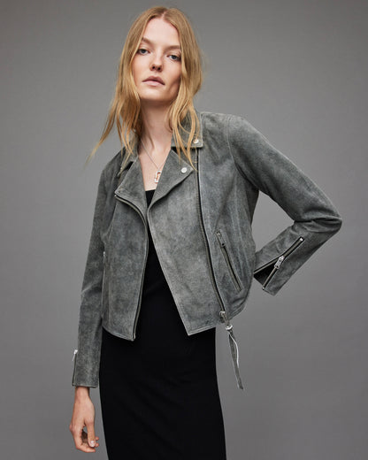 Women's Gray Suede Leather Biker Jacket